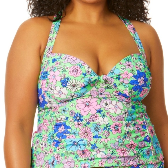 99. Salt Cove Plus Size Peony Party Printed X Back Tankini Top Green Size 2 NWOT - Picture 15 of 15